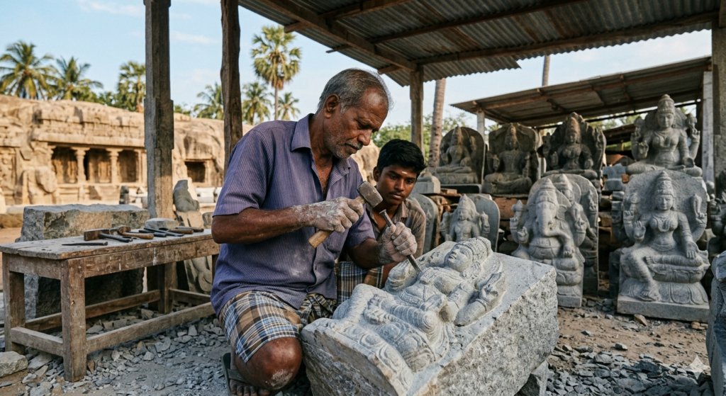 Mahabalipuram heritage travel - Traditional stone sculptor workshop - BlueJay Explorations