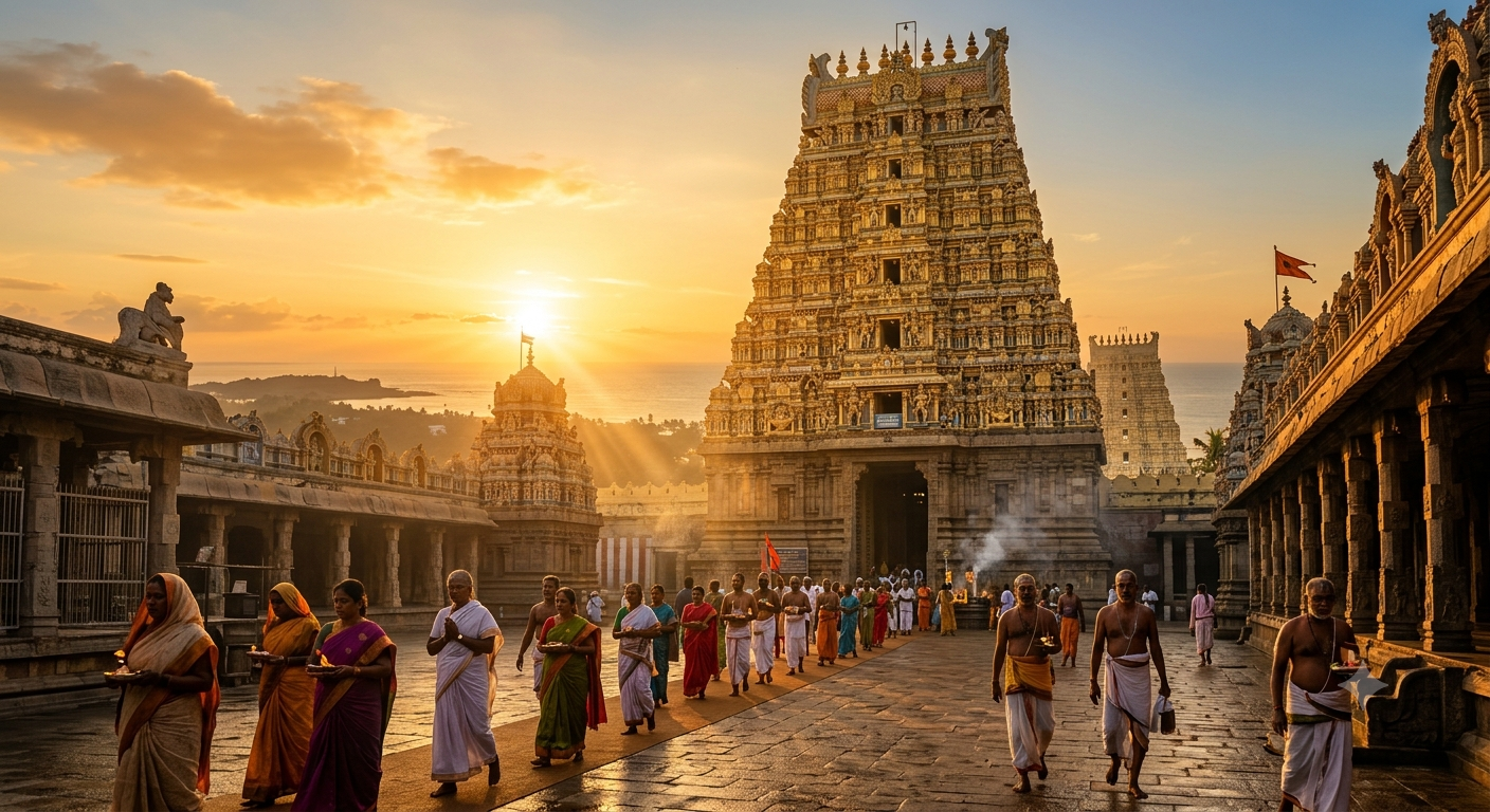 Ultra-realistic sunrise view of Ramanathaswamy Temple in Rameswaram - BlueJay Explorations
