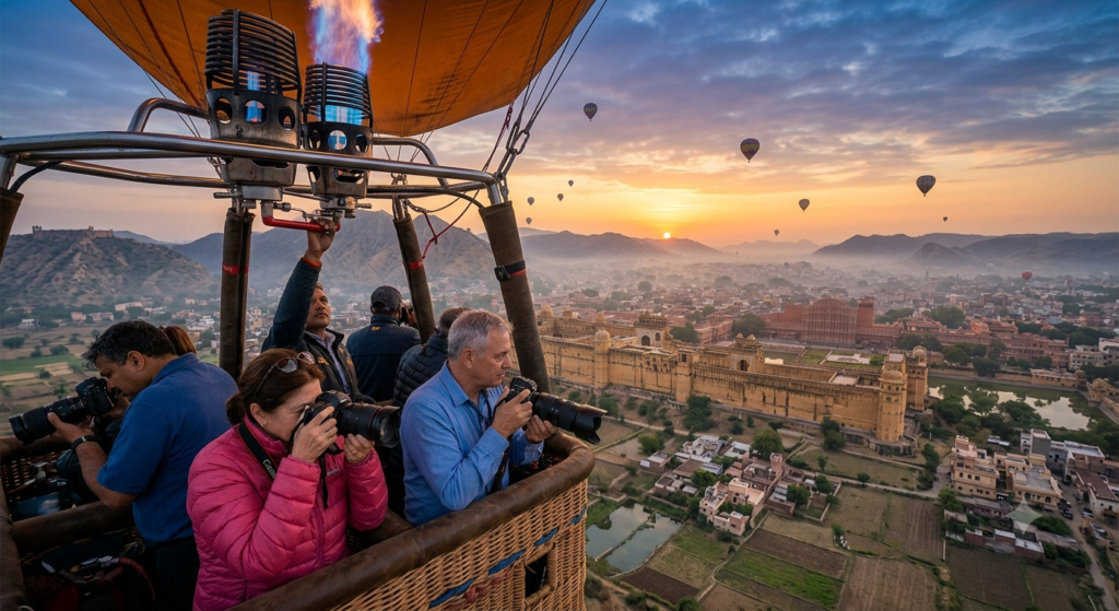 Hot air balloon basket showing passengers photographing Amber Fort -  BlueJay Explorations