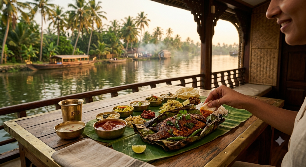 Houseboat dining experience with traditional banana leaf meal, Karimeen Pollichathu, Kerala - BlueJay Explorations