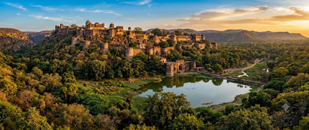 Panoramic view of the historic Ranthambore Fort and Padam Talao - BlueJay Explorations