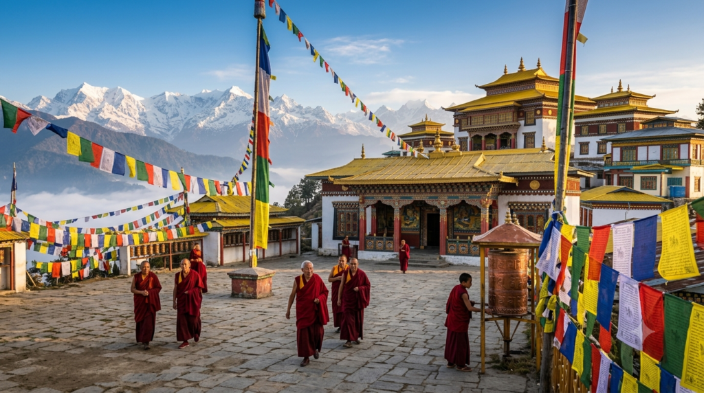 Photograph of Tawang Monastery with monks - BlueJay Explorations