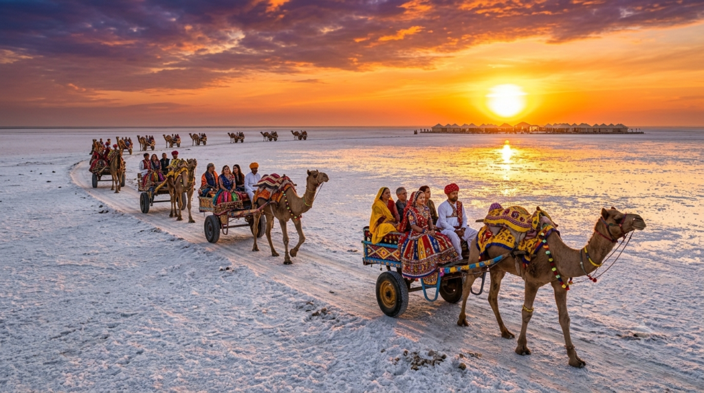 Photograph of travelers riding camel carts - BlueJay Explorations