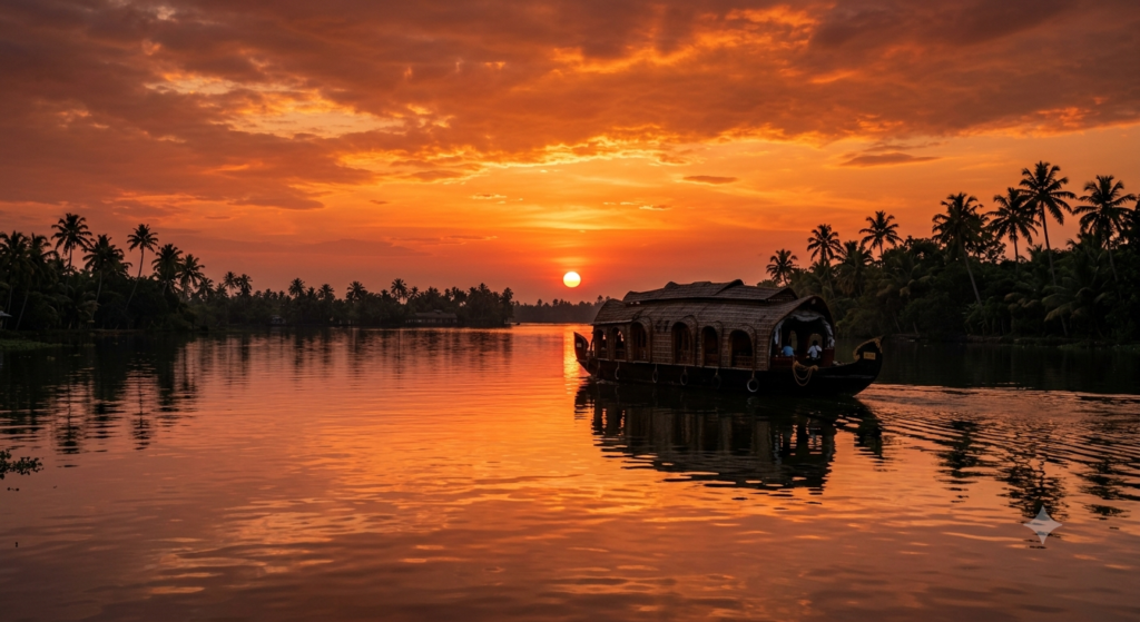 Sunset over Vembanad Lake with a traditional Kerala houseboat - BlueJay Explorations