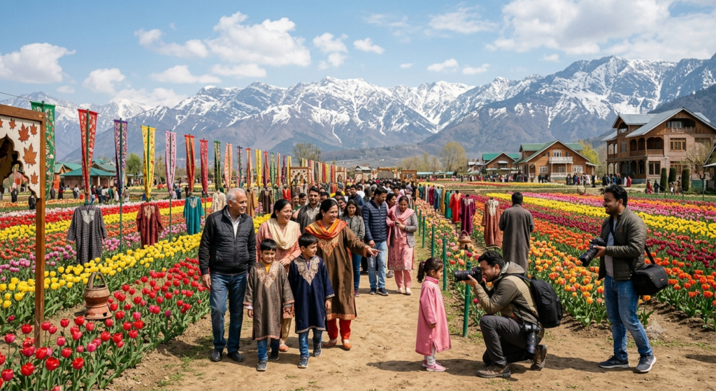 Travel photography of visitors walking through Kashmir Tulip Festival - BlueJay Explorations