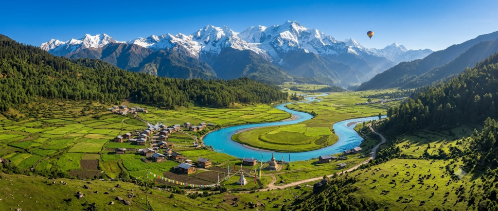 Aerial view of Mechuka Valley showing emerald meadows - BlueJay Explorations