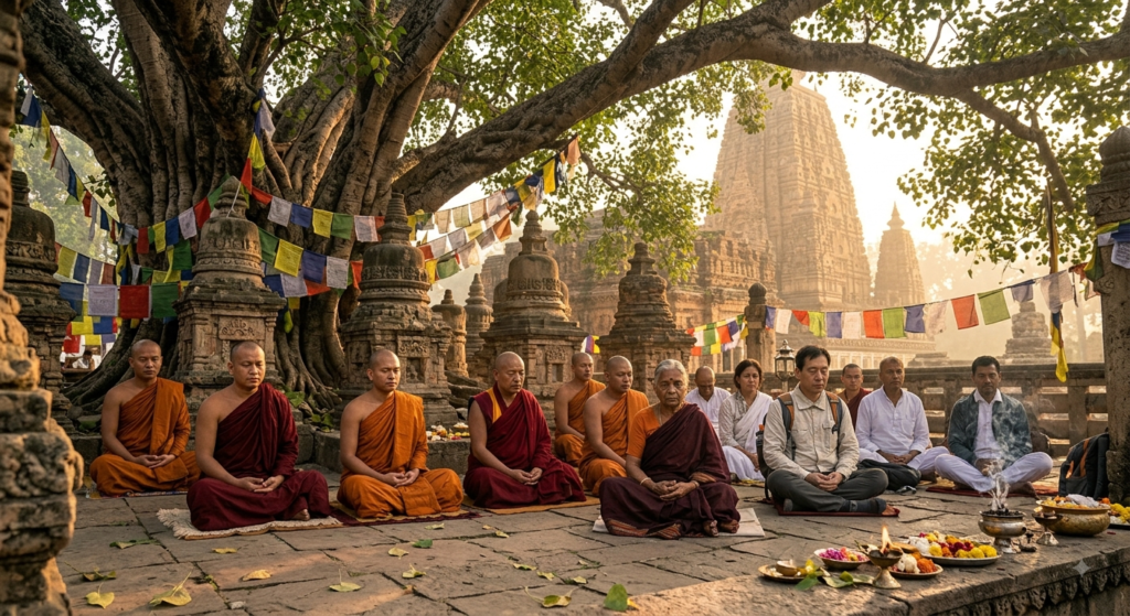 Buddhist pilgrims meditating beneath the sacred Bodhi Tree in Bodh Gaya - BlueJay Explorations