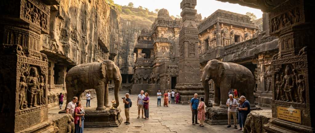 Courtyard of Kailasa Temple at Ellora Caves - BlueJay Explorations
