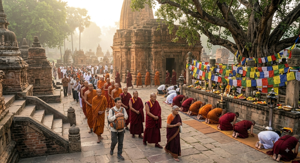 Buddhist pilgrims visiting Mahabodhi Temple in Bodh Gaya - BlueJay Explorations