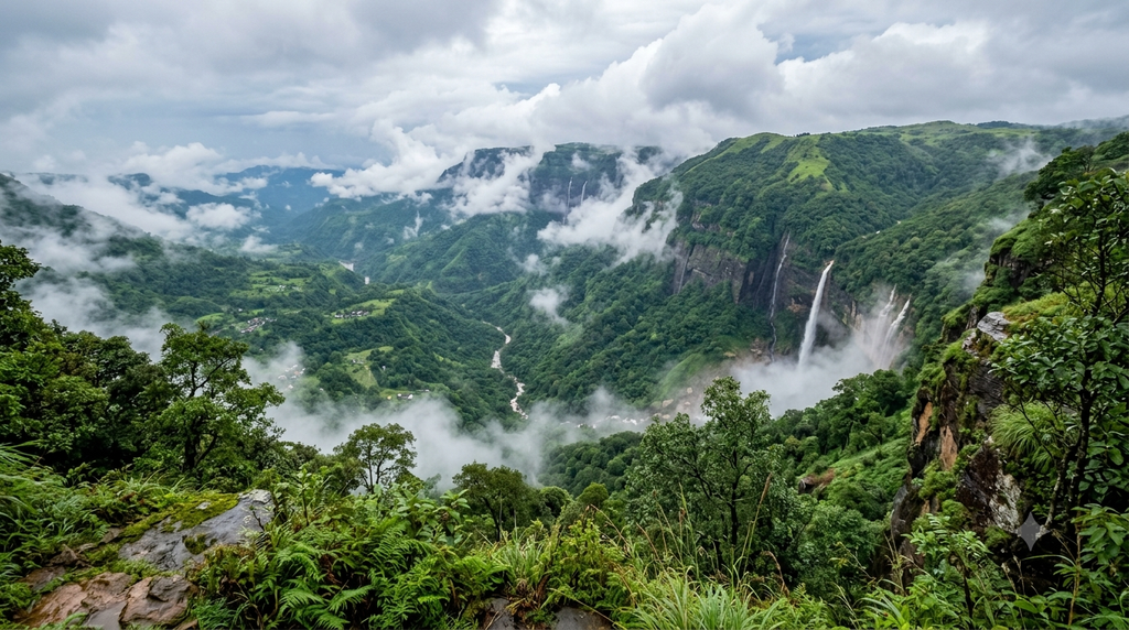 Cherrapunji travel guide with misty Meghalaya hills during monsoon - BlueJay Explorations
