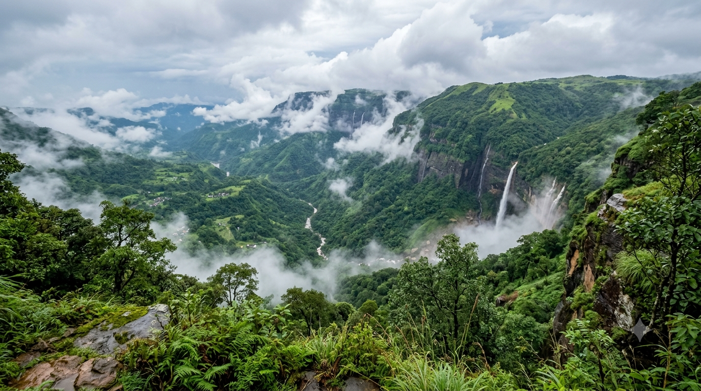 Cherrapunji travel guide with misty Meghalaya hills during monsoon - BlueJay Explorations