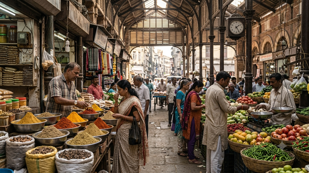 Crawford Market Mumbai with local vendors and historic market atmosphere - BlueJay Explorations