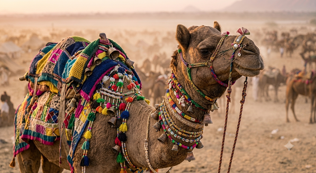 Traditionally decorated camel at the Pushkar Camel Fair - BlueJay Explorations