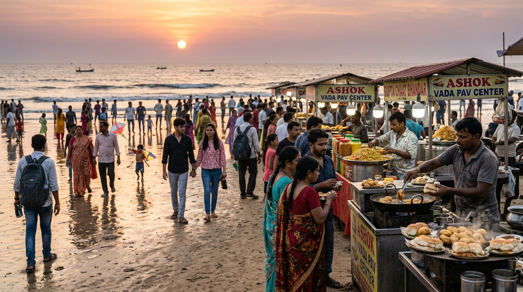 Juhu Beach Mumbai street food stalls and evening coastal atmosphere - BlueJay Explorations