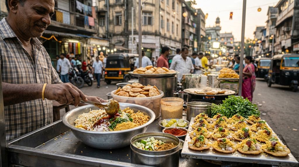 Mumbai chaat with bhel puri and sev puri prepared at a local food stall - BlueJay Explorations