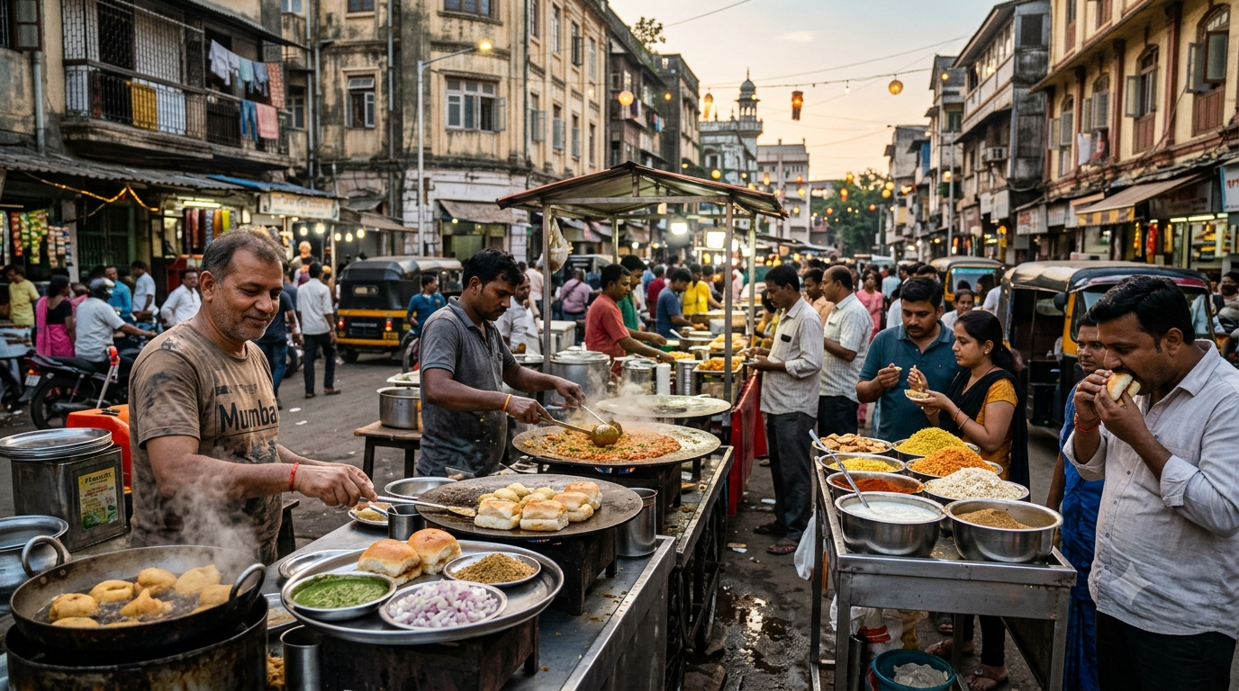 Mumbai street food guide with vibrant local food stalls and Mumbai city atmosphere - BlueJay Explorations