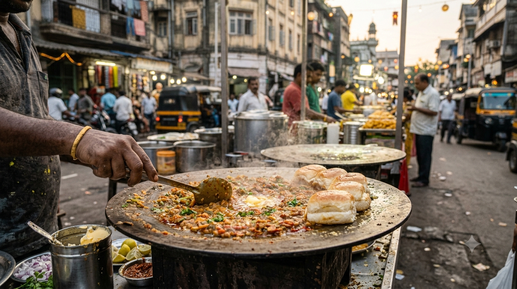 Mumbai pav bhaji served with buttered pav at a street food stall - BlueJay Explorations