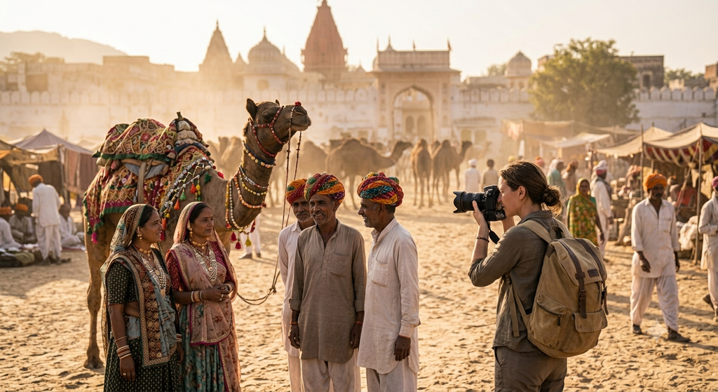 Travel photographer capturing camels and traders at Pushkar Fair - BlueJay Explorations