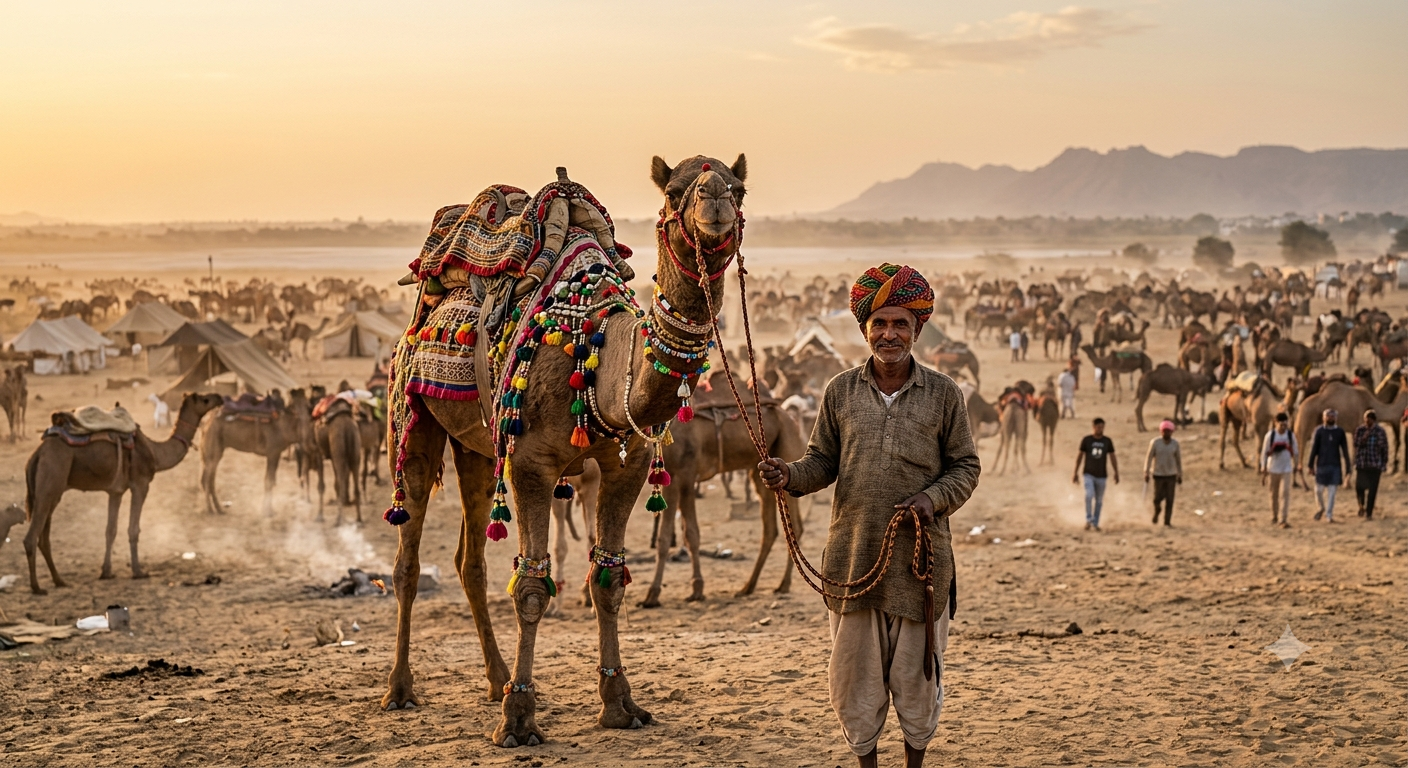 Decorated camel and Rajasthani trader at the Pushkar Camel Fair in Rajasthan - BlueJay Explorations