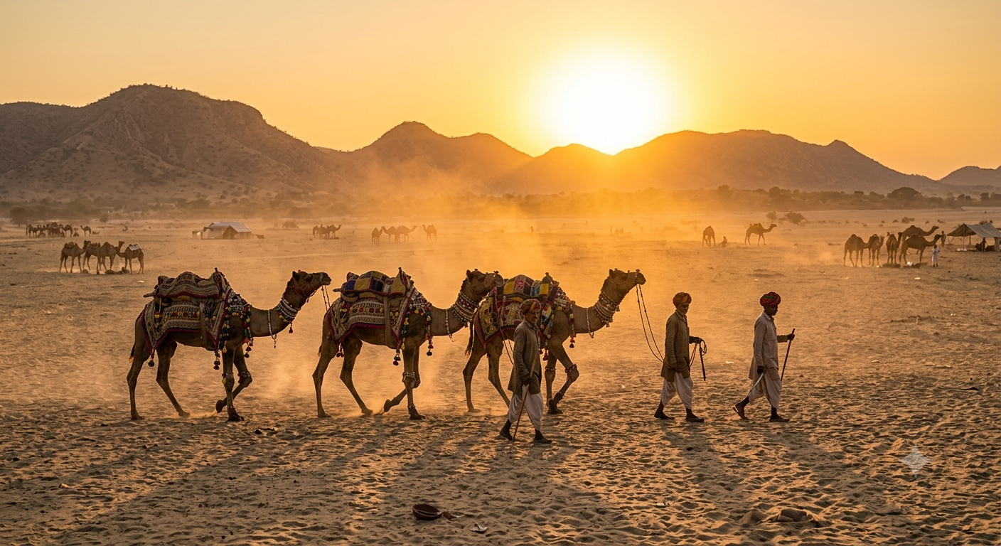 Camels crossing the Pushkar Fair grounds at sunset in Rajasthan - BlueJay Explorations