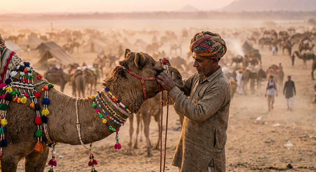 Rajasthani camel trader grooming a decorated camel at Pushkar Fair - BlueJay Explorations