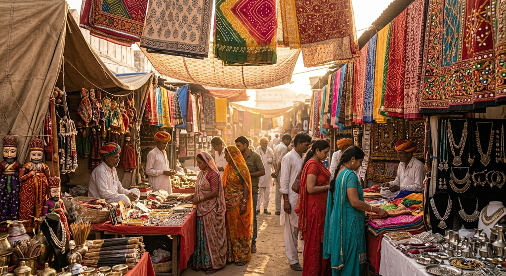 Rajasthani handicrafts and textiles at the Pushkar Fair market - BlueJay Explorations