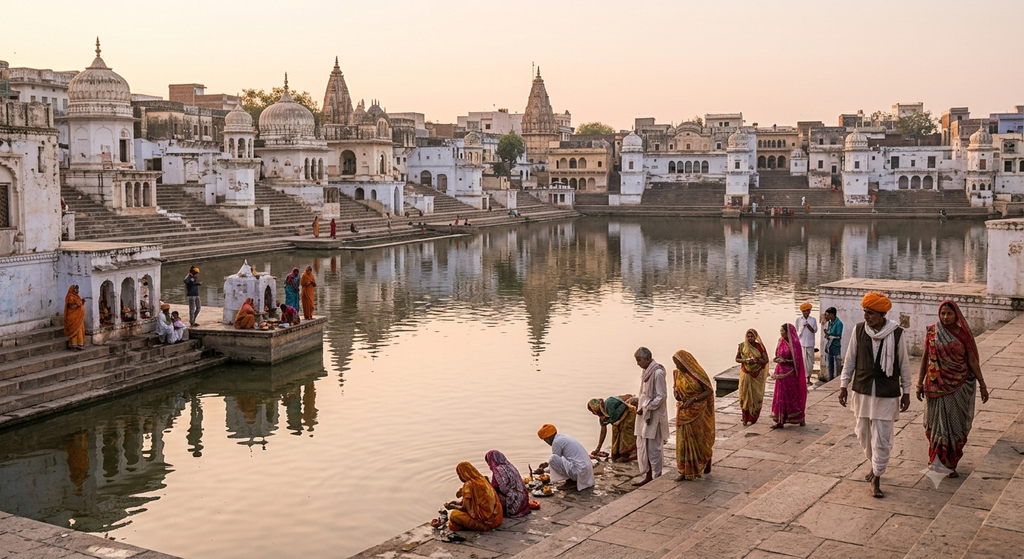 Pushkar Lake and sacred ghats in Rajasthan during festival season - BlueJay Explorations