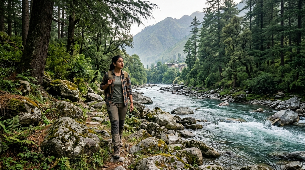 Tirthan River flowing through the Himalayan landscape of Himachal Pradesh - BlueJay Explorations