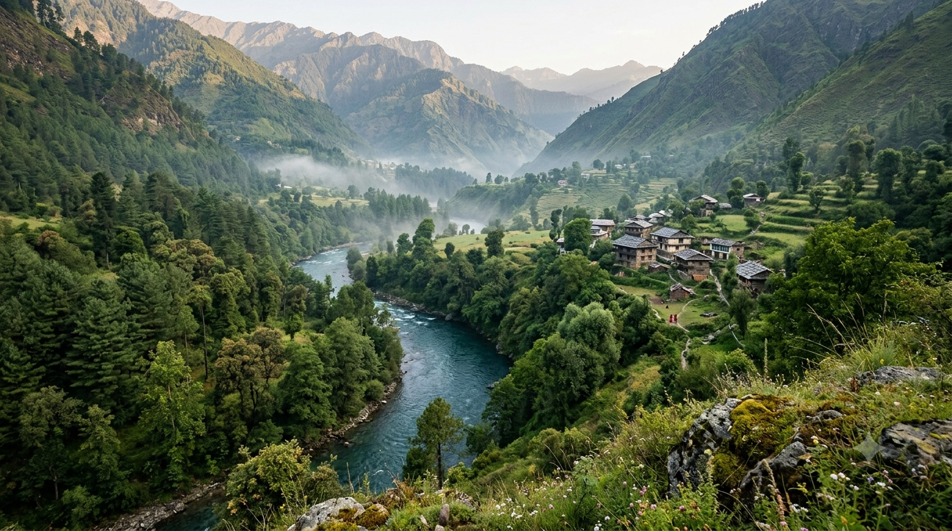 Tirthan Valley in Himachal Pradesh surrounded by Himalayan forests and mountains - BlueJay Explorations
