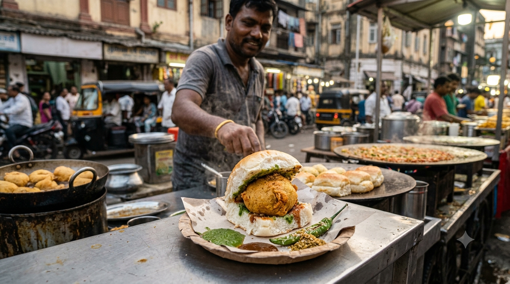 Vada pav Mumbai street food served fresh with chutneys and green chilli - BlueJay Explorations