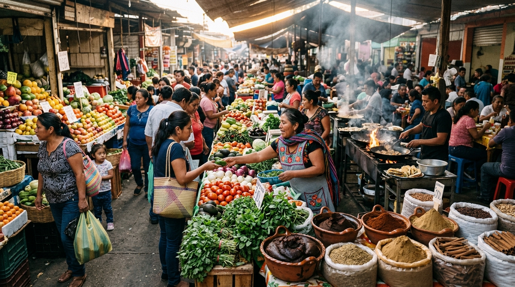 Local food market with fresh ingredients and traditional dishes from regional cuisine - BlueJay Explorations