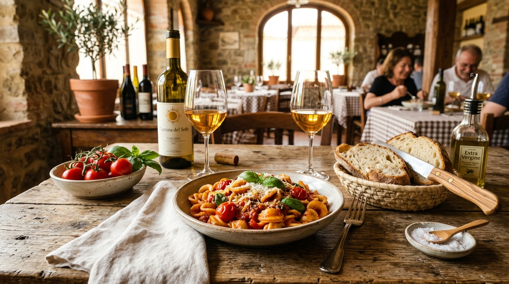Fresh Italian pasta with tomatoes, basil, and olive oil on a rustic table - BlueJay Explorations