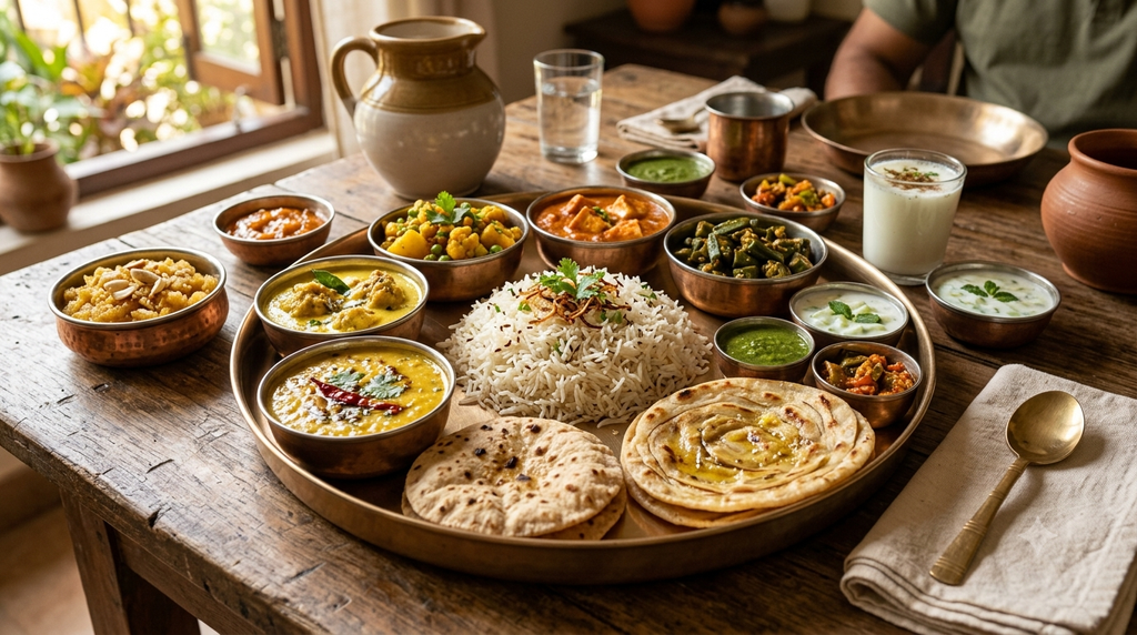 Traditional Indian thali with rice, dal, vegetables, bread, and chutneys - BlueJay Explorations