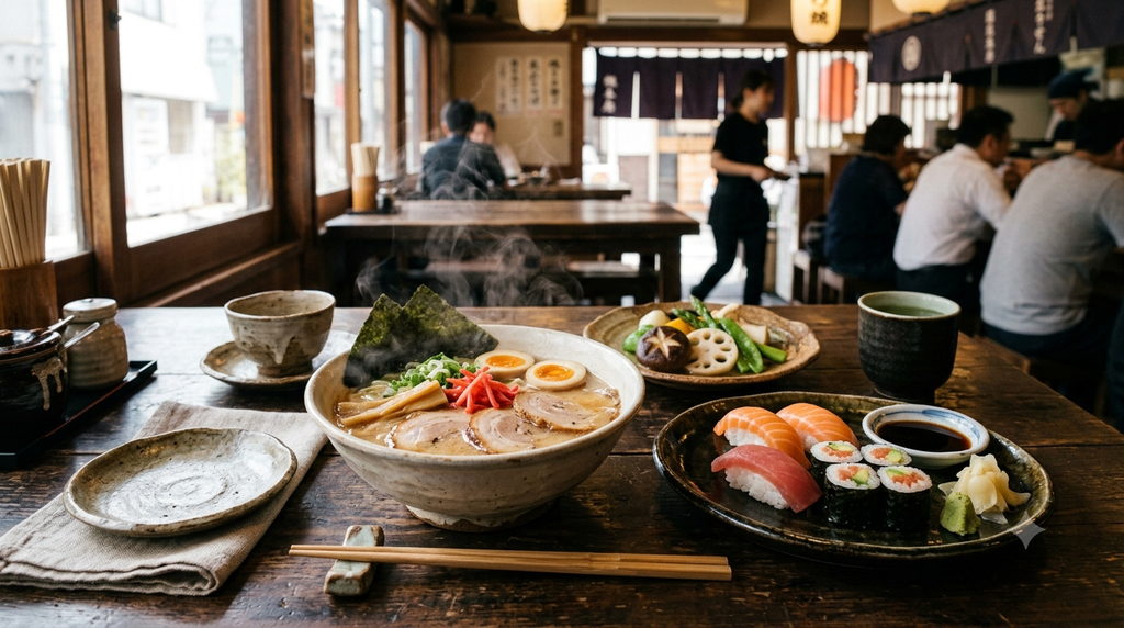 Japanese cuisine featuring sushi, ramen, and traditional tableware - BlueJay Explorations
