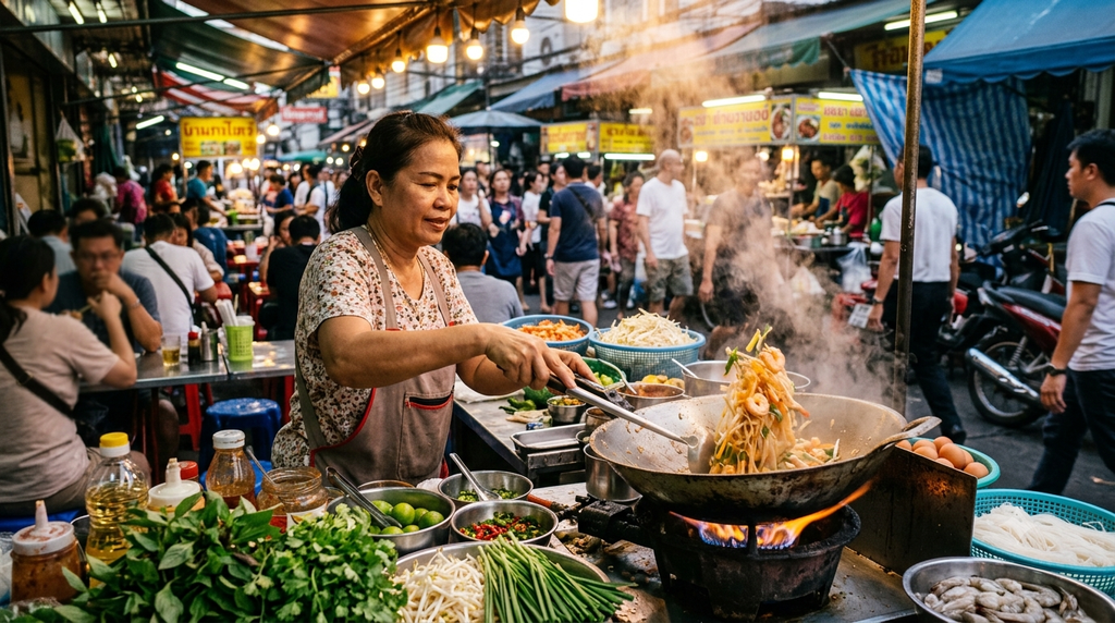 Thai street-food vendor preparing noodles with fresh herbs at a market - BlueJay Explorations