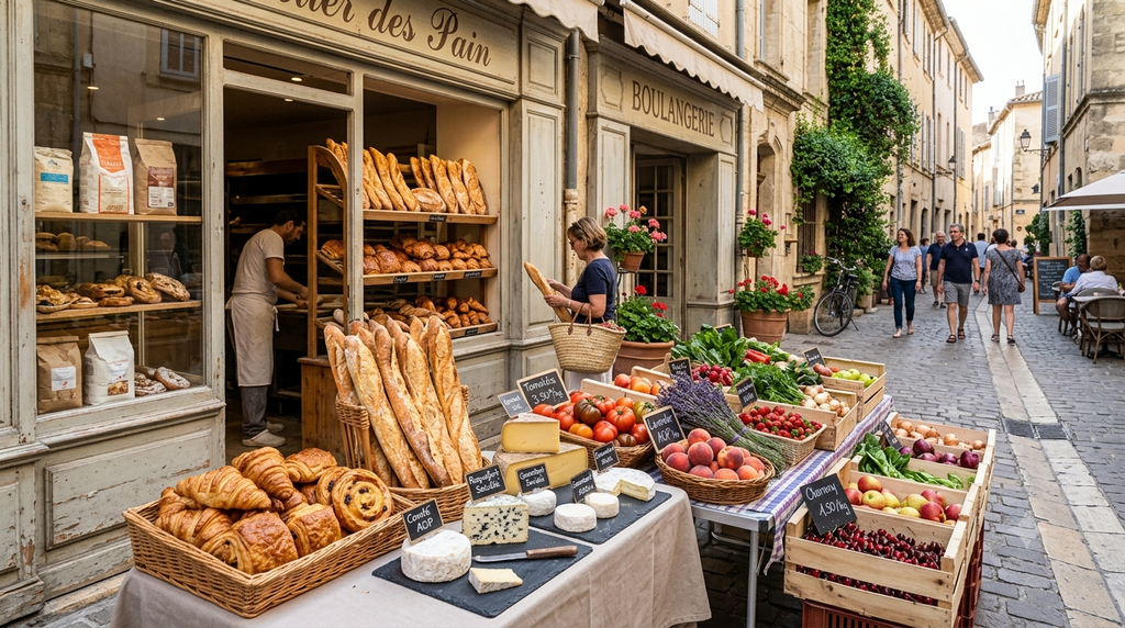 French artisan bakery with baguettes, croissants, and local market produce - BlueJay Explorations