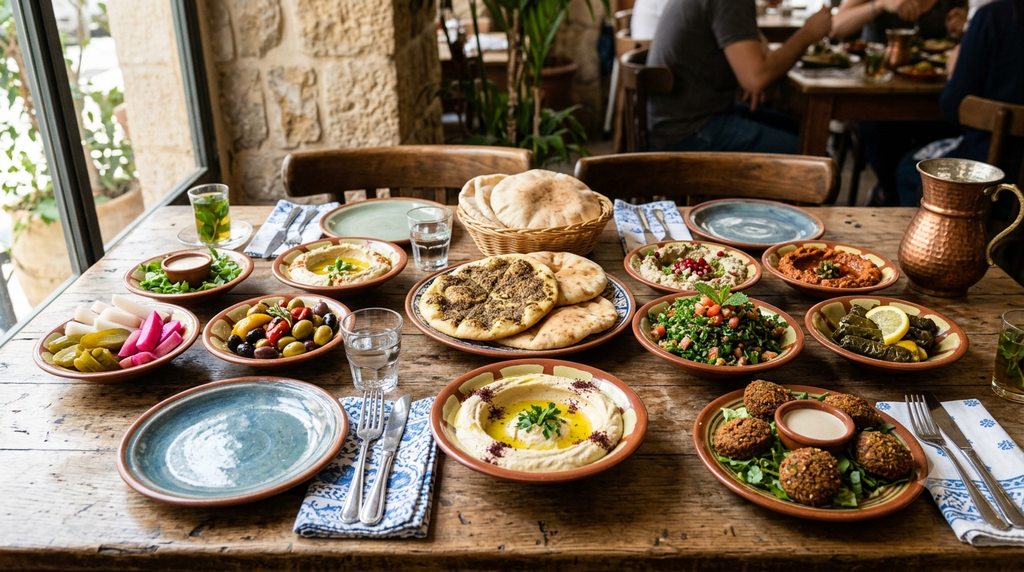 Middle Eastern mezze with hummus, flatbread, olives, and fresh salads - BlueJay Explorations