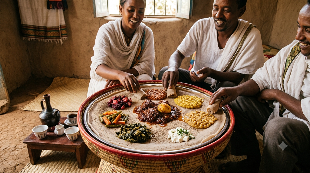Ethiopian injera served with traditional stews and vegetable dishes - BlueJay Explorations