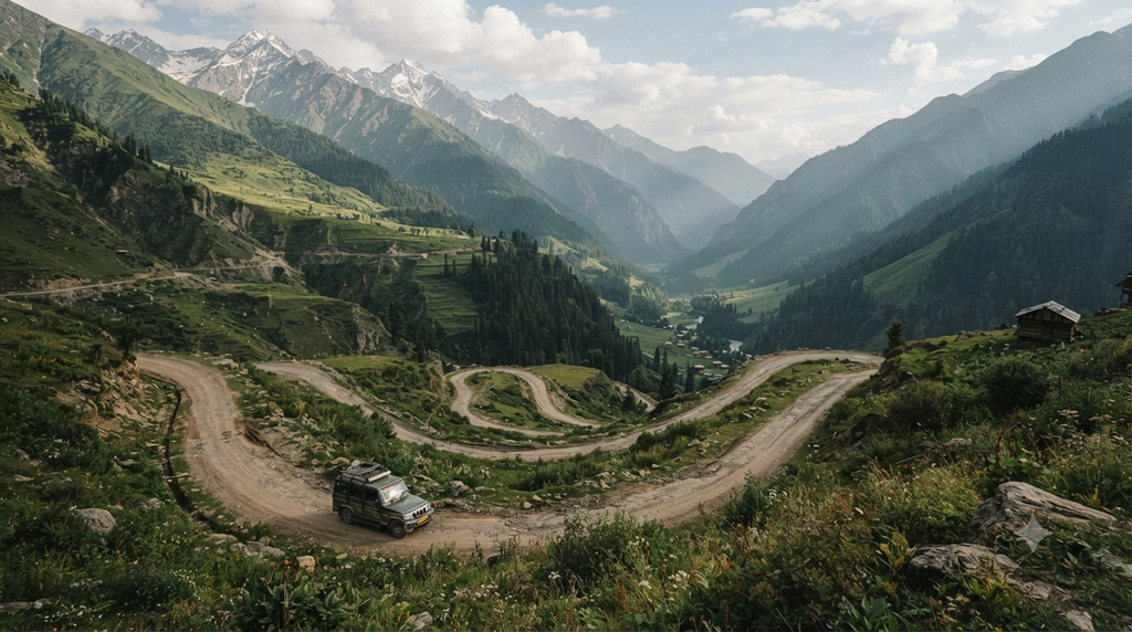 Mountain road winding through the Himalayan landscape toward Gurez Valley - BlueJay Explorations