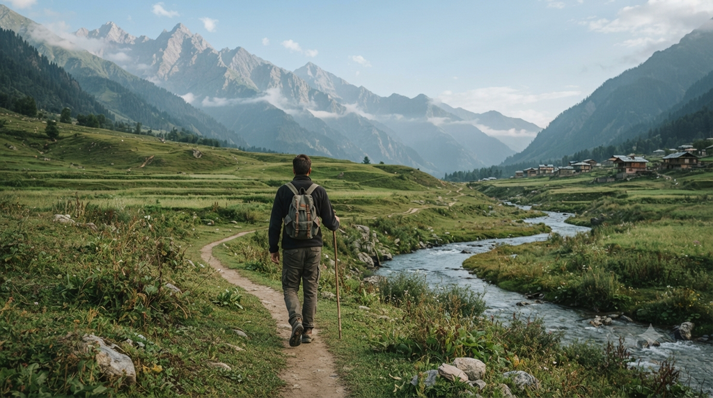 Traveller walking through the peaceful landscape of Gurez Valley - BlueJay Explorations