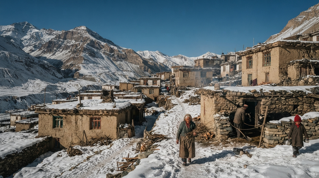 Hikkim village surrounded by snow-covered mountains in Spiti Valley - BlueJay Explorations