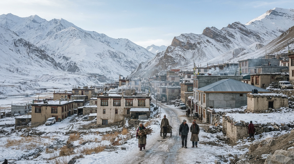 Kaza town surrounded by snow-covered mountains in Spiti Valley during winter - BlueJay Explorations