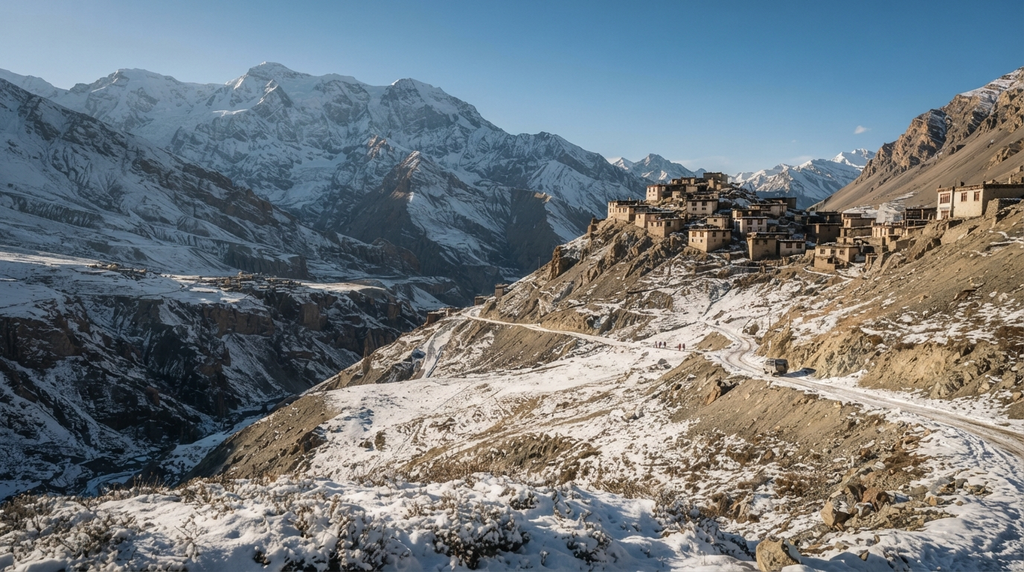 Kibber and Chicham mountain landscape covered with snow in Spiti Valley - BlueJay Explorations