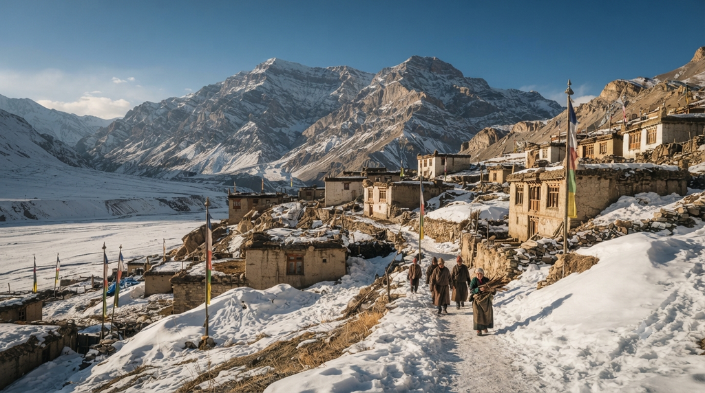 Snow-covered Langza village surrounded by Himalayan mountains in Spiti Valley - BlueJay Explorations