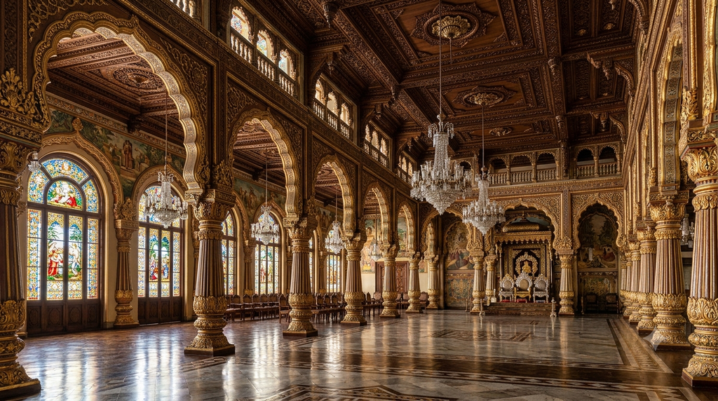 Ornate ceremonial interior of Mysore Palace reflecting its royal grandeur - BlueJay Explorations