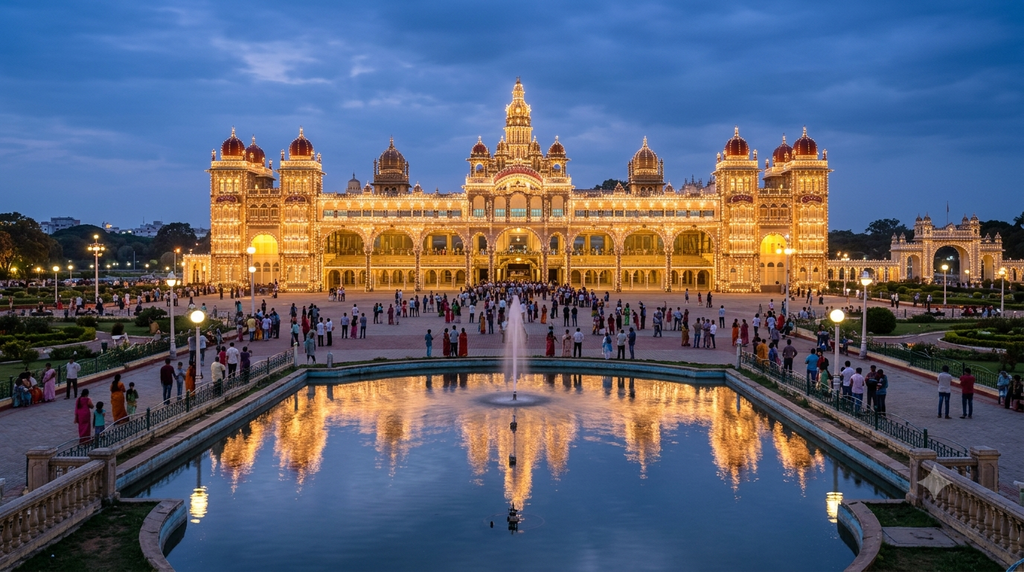 Mysore Palace illuminated at night against the evening sky - BlueJay Explorations
