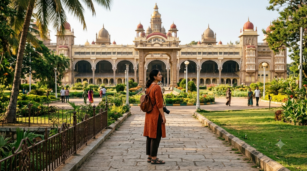 Visitor exploring the grounds near Mysore Palace in Mysuru - BlueJay Explorations