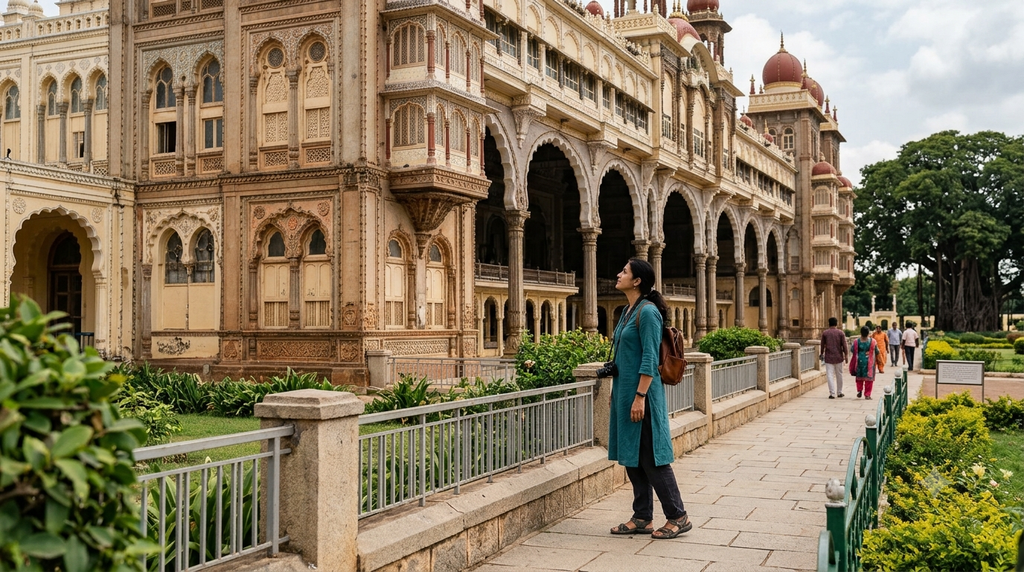 Traveller admiring the architectural details of Mysore Palace - BlueJay Explorations