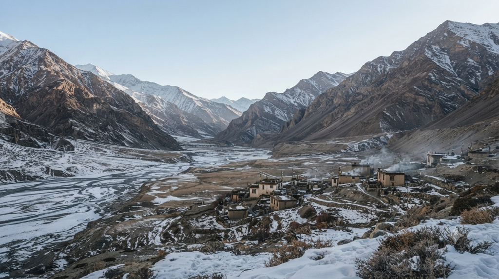 Snow-covered Pin Valley landscape in Himachal Pradesh during winter - BlueJay Explorations