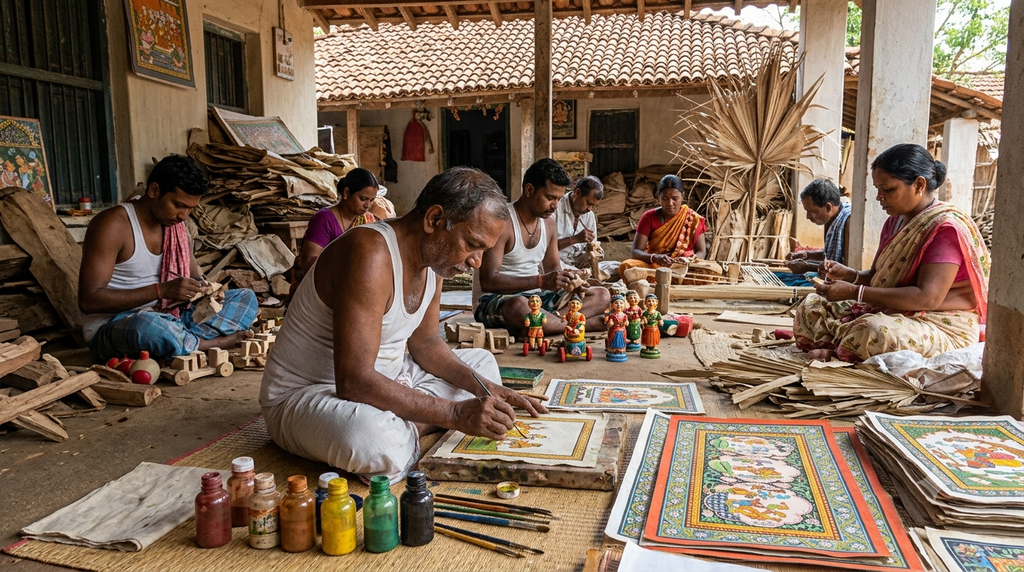 Traditional Odisha handicrafts and paintings displayed in a local craft setting - BlueJay Explorations